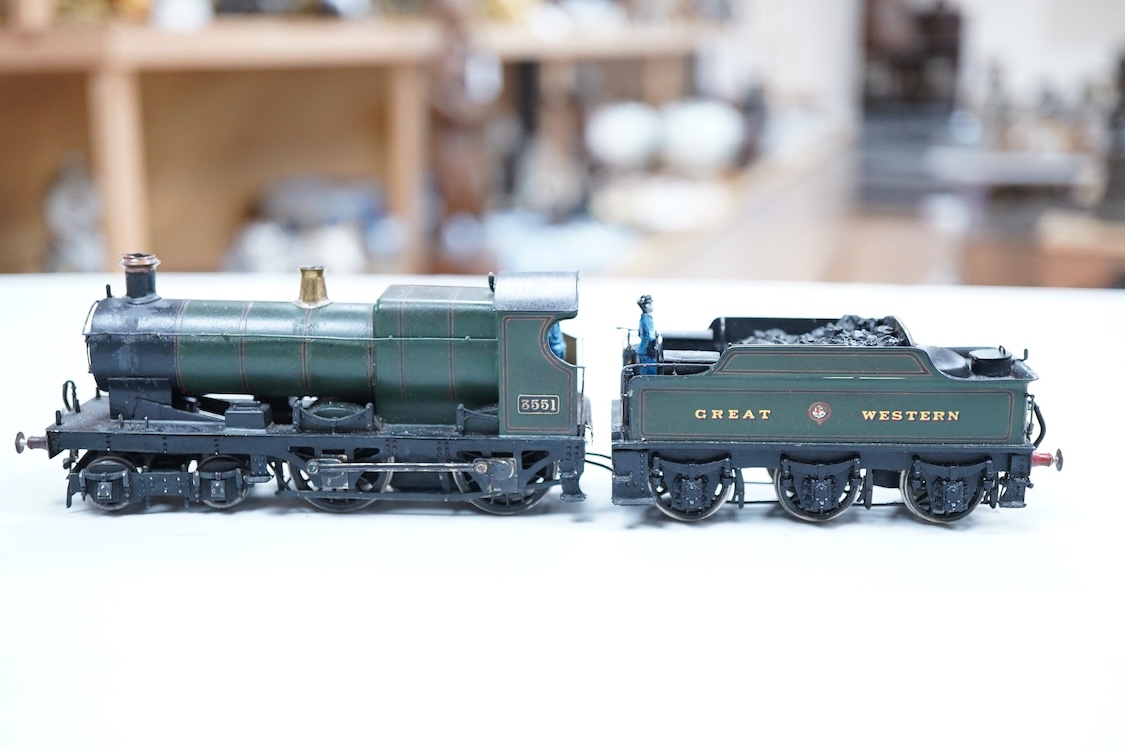 An EM gauge scratch built model railway locomotive by John Worsley, a GWR 3521 Class 4-4-0, 3551, a highly detailed model with opening smoke box door showing the details of the blast pipe and boiler tube ends, sprung buf